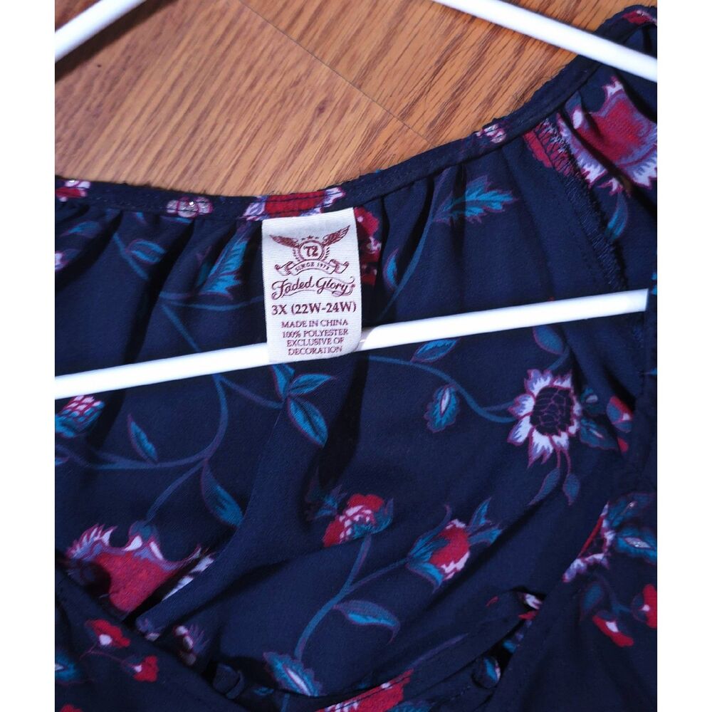 Faded Glory Plus Size 3X Navy Blue Floral Lace-Up Bell Sleeve Peasant Blouse